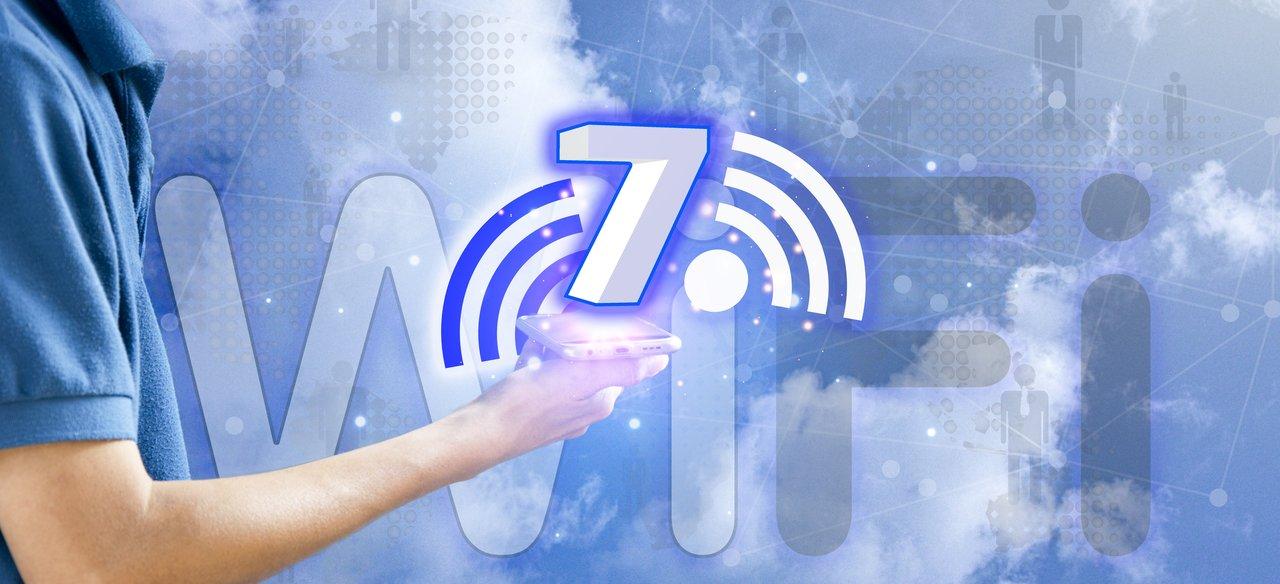 Infographie des bandes de fréquences du Wi-Fi 7 et technologie Multi-Link Operation pour une connectivité mobile performante.