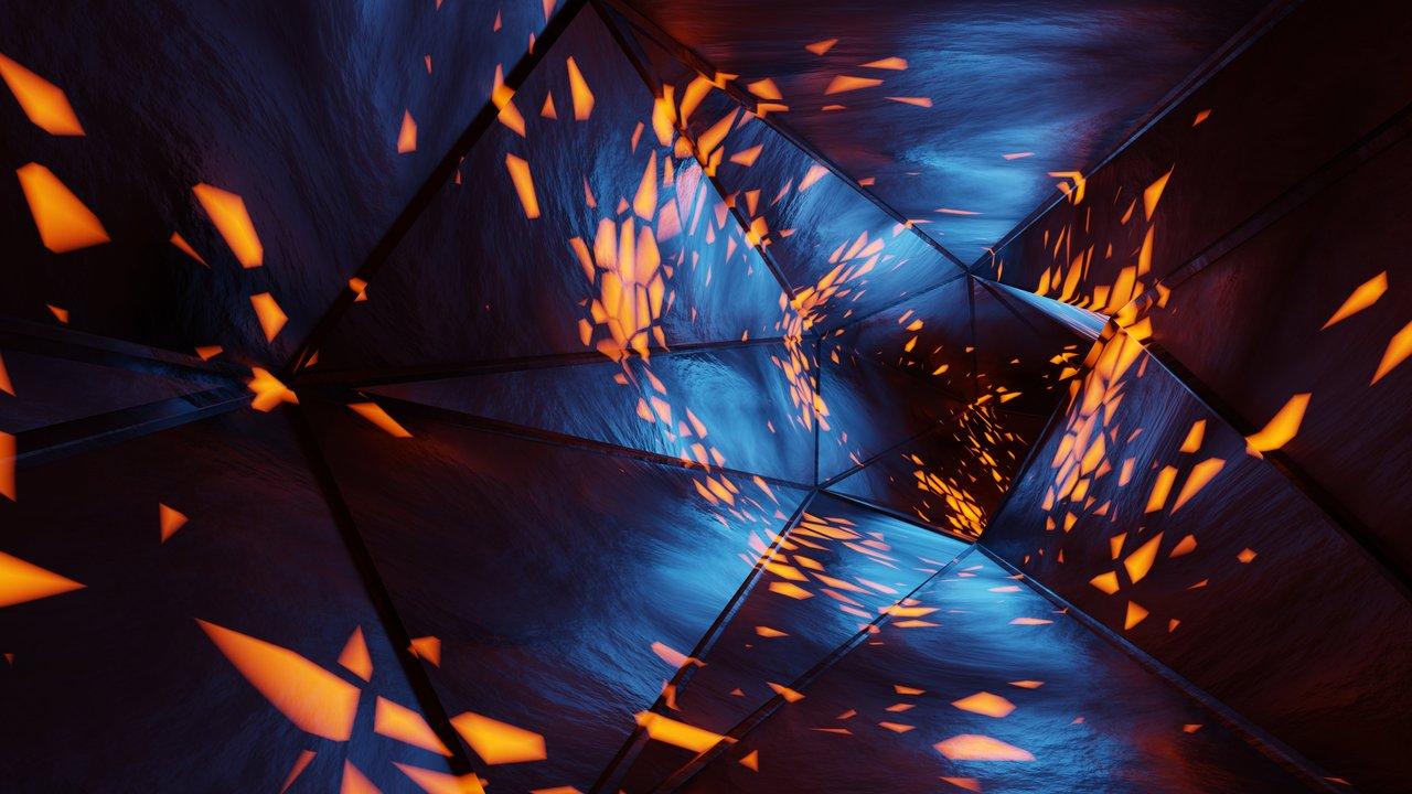 Installation immersive de digital art interactif avec un tunnel géométrique lumineux et particles orange.