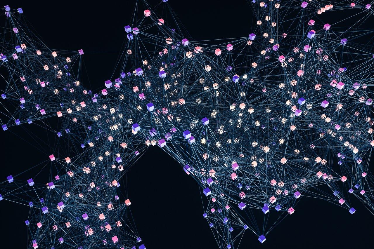 Représentation 3D de nodes lumineux illustrant la blockchain d’intelligence artificielle décentralisée.
