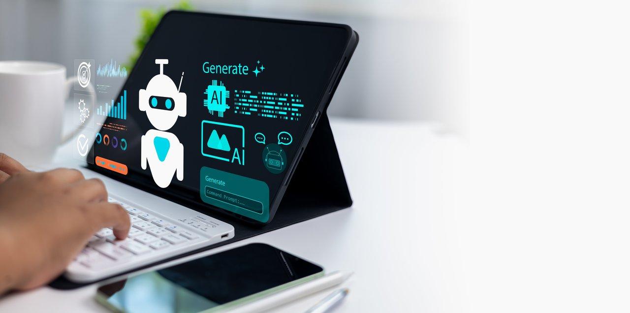 Tablette numérique affichant un tableau de bord d'automatisation AI pour la création de contenu et l'analyse de données.