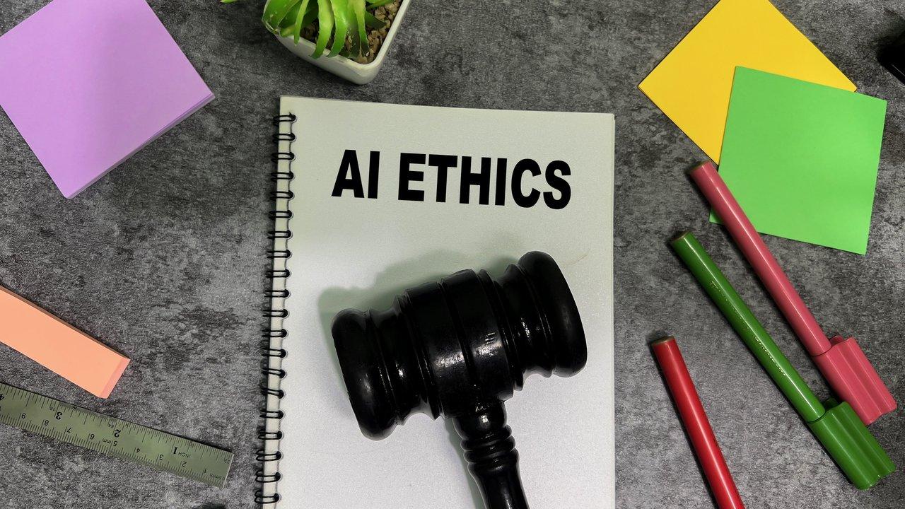 Une illustration symbolique des enjeux éthiques de l'intelligence artificielle générative, mettant en avant transparence, éthique et équité.