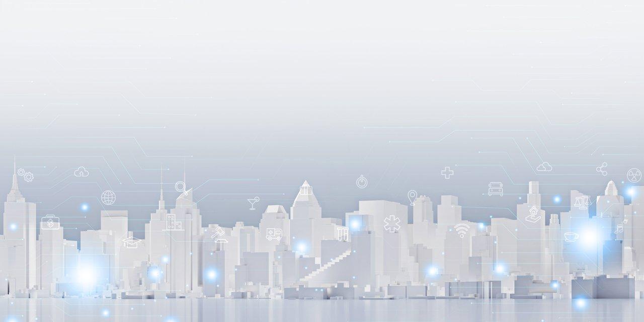 Une ville intelligente futuriste illustrant l'intégration avancée de la technologie IoT dans un réseau urbain connecté.